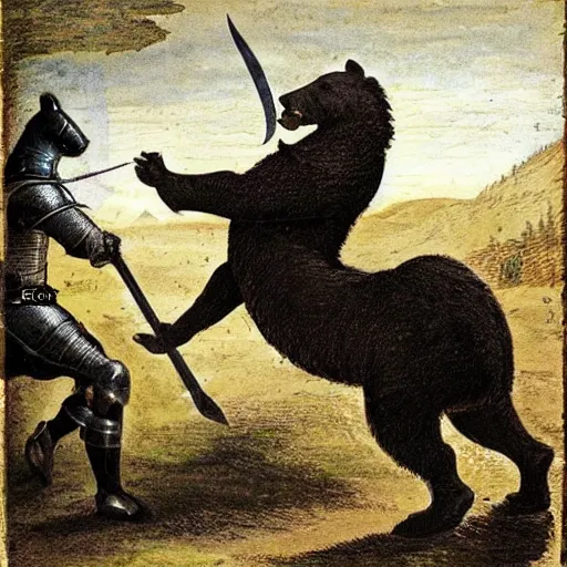 Image similar to medieval knight fights a bear. the bear is gigantic