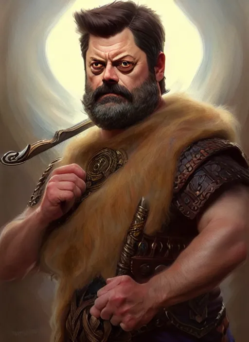 Prompt: portrait of nick offerman as odin, d & d, muscular, eyepatch! fantasy, intricate, elegant, highly detailed, digital painting, artstation, concept art, smooth, sharp focus, illustration, art by artgerm and greg rutkowski and alphonse mucha