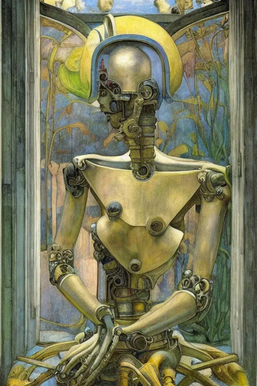 Image similar to the robot wearing her bone crown stands by the window , by Annie Swynnerton and Diego Rivera and Elihu Vedder, symbolist, dramatic lighting, elaborate geometric ornament, Art Brut, soft blues and greens,smooth, sharp focus, extremely detailed, Adolf Wölfli and Evelyn De Morgan