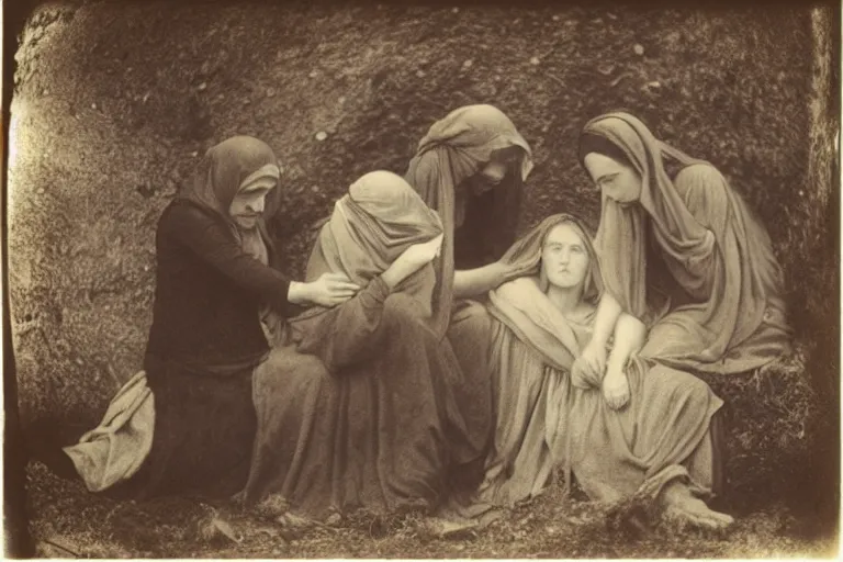 Prompt: the three marys mourning at the sepulchre, bouguerau, julia margaret cameron