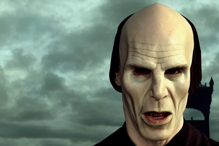 Prompt: film still of josef fiennes as Lord Voldemort in Harry Potter movie