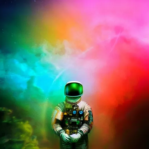 Image similar to rainbow vapor wave astronaut movie still, cinematic, photorealistic, extreme detail, sharp focus, 8 k, intricate, hyper detailed, realistic, cinematic lighting