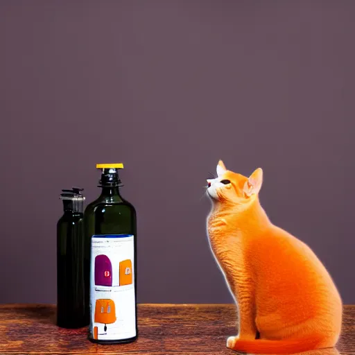 Prompt: a cat standing next to a bottle of medicine. the cat was orange in color and having fluffy fur. animal. digital art. pixabay. shutterstock.