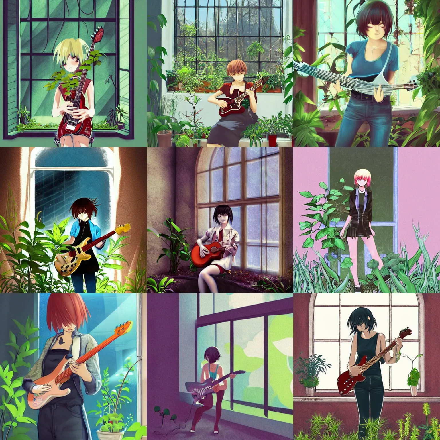 Prompt: “ a short hair girl playing electric guitar in an abandoned chapel with wildly growing plants, sunlight through the broken window, trending on artstation, by ai yazawa manga nana ”