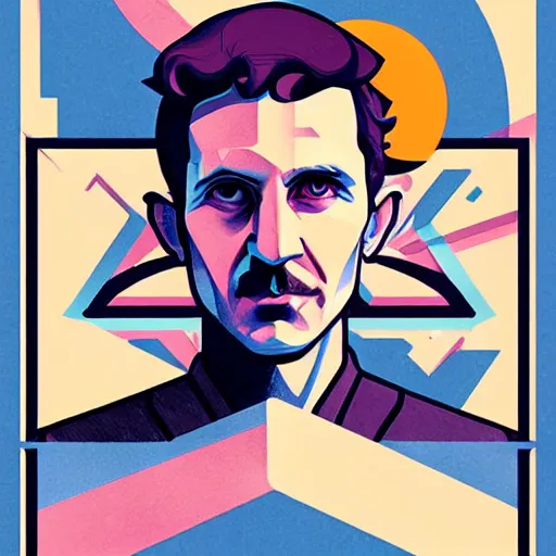 Image similar to majestic genius inventor nikola tesla profile picture by sachin teng, masterpiece, organic painting, matte painting, technical geometrical drawing shapes, lightning electricity coil, hard edges, graffiti, street art by sachin teng