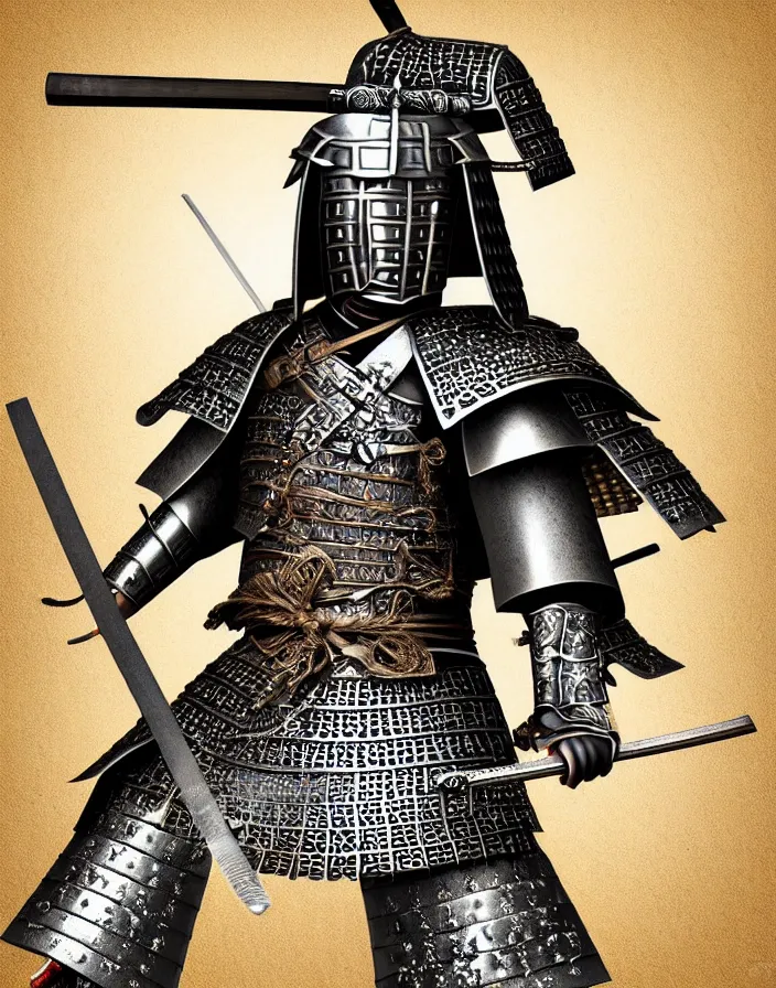 Prompt: detailed photorealistic ancient japanese samurai warrior soldier ⚔ 🪖 ⛩ with traditional japanese engravings and ornamentation on armour and weapons, and shining metallic 3 d surfaces, japanese calligraphy, wide angle, 3 d