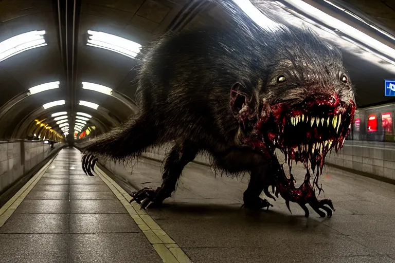 Image similar to very large giant mutant zombie irradiated ( angry rat ) staying on railways in tonnel of moscow subway. tonnel, railways, giant angry rat, furr, fangs, very realistic. extreme long shot, flash photography, anish kapoor, herman nitsch, giger.