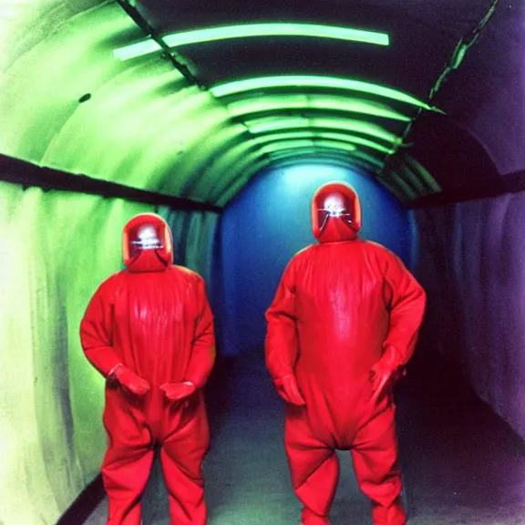 Prompt: two scientists wearing red rick owens hazmat suits in a tunnel of rainbow colored fluorescent lights by frank frazetta