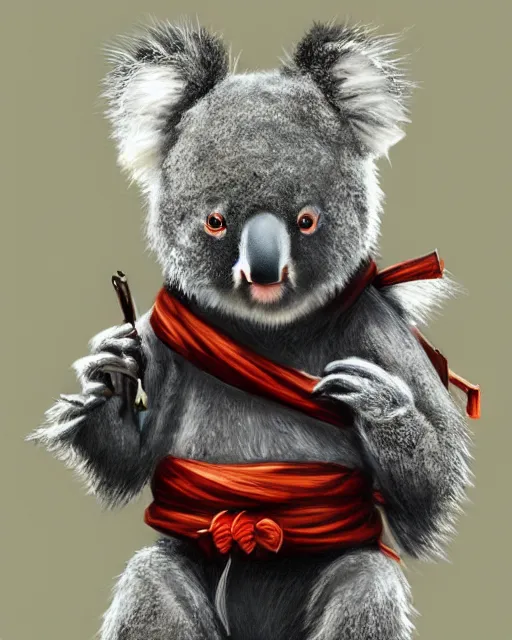 Image similar to a cute koala dressed in a shinobi outfit, by łukasz piskorz and patrick mcenvoy and michael komarck, intricate, highly detailed, artstation, concept art, smooth, sharp focus photorealistic centered