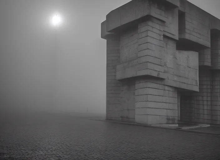 Prompt: a black and white photograph with a 3 5 mm f / 8 lens of a brutalist architectural building in budapest in fog.