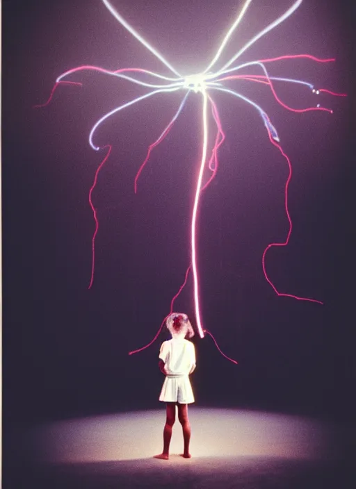Image similar to realistic photo portrait of a a girl dressed in white shorts, watching at glowing disks flying in a grey sky, covered with tesla electricity, 1 9 9 0, life magazine photo, natural colors, museum collection, kodak