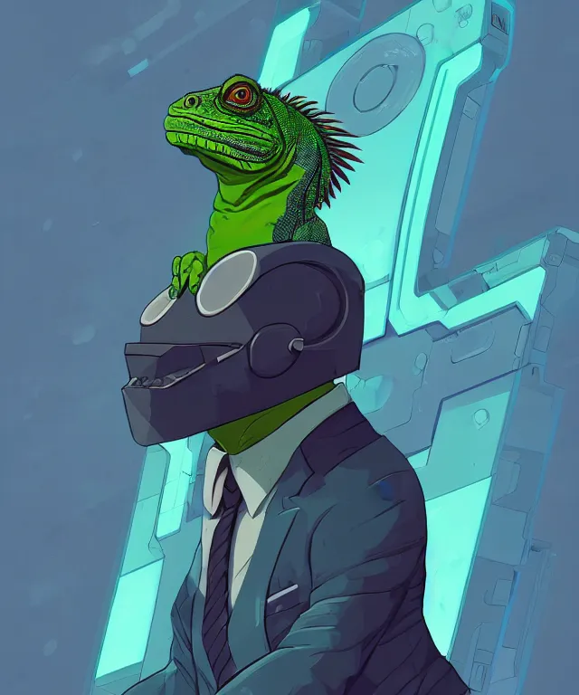 Image similar to a portrait of an anthropomorphic iguana wearing a suit, cyberpunk!, fantasy, elegant, digital painting, artstation, concept art, matte, sharp focus, illustration, art by josan gonzalez