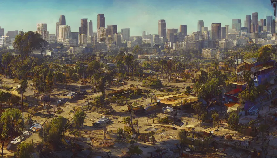 Image similar to Digital painting of the city of Los Angeles abandoned for centuries and covered by vegetations, animals in the streets, sunny day, beautiful, hyperdetailed, artstation, cgsociety, 8k