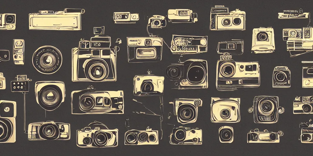 Prompt: full color page scan of various vintage cameras illustrations on black background, in matte painting, 2 d, kitbash, 4 k