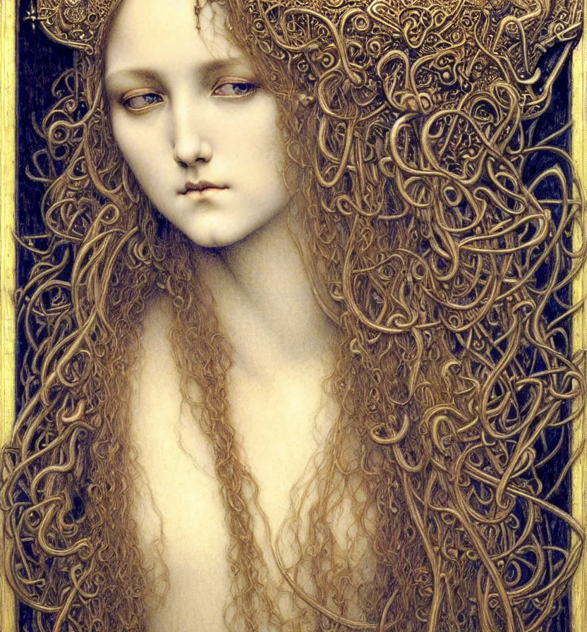 Image similar to detailed realistic beautiful young medieval queen face portrait by jean delville, gustave dore and marco mazzoni, art nouveau, symbolist, visionary, gothic, pre - raphaelite. horizontal symmetry