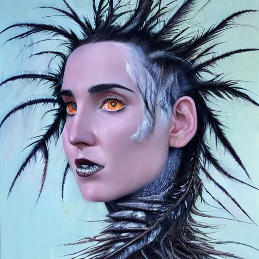 Prompt: detailed realistic oil painting youthful young alien jennifer connelly with black feathers instead of hair, dark fae, black eyes, black lips, uncanny valley, gray mottled skin, feathers growing out of skin, feathers growing from arms, black hands with long black claws, pale and sickly, profile view, full body, gothic, giger - - ar 9 : 1 6