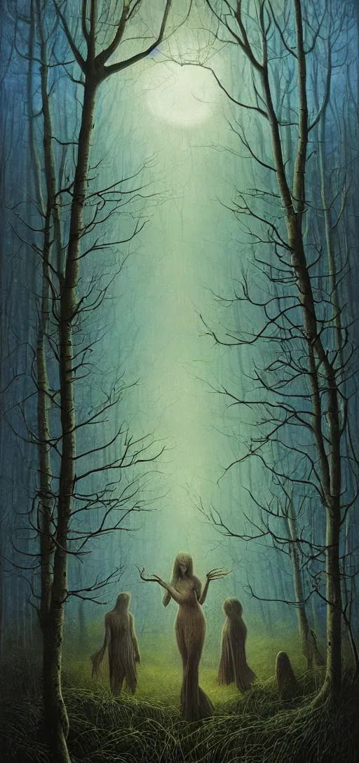 Image similar to painterly dreamy Kupala Night in the blue forest with trees which have eyes, giant flowers, glowing owls, deers, women, lianas, thistles, giant fantasy creatures, a stream and sky with moon and stars by Beksinski, Alex Grey, Aron Wiesenfeld and Giger dark fantasy, witcher, very detailed oil painting in the alla prima style, masterpiece, 8k