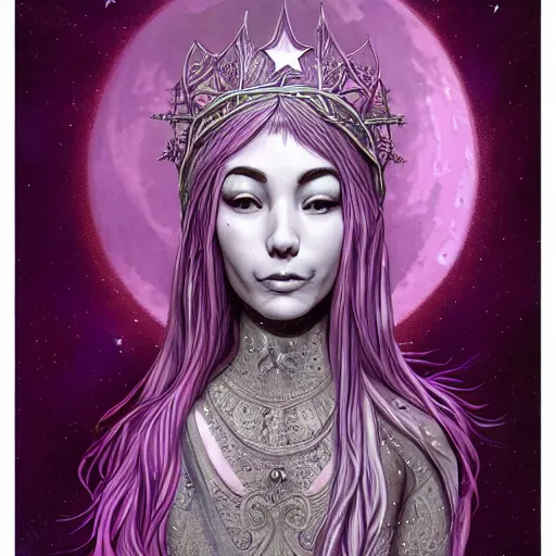 Prompt: portrait of hannah fierman as young slim smiling prophetess of the moon, silver filigree armor and tiara, stars above head, purple hair, translucent skin, beautiful! coherent! by brom, by junji ito, strong line, high contrast, muted color