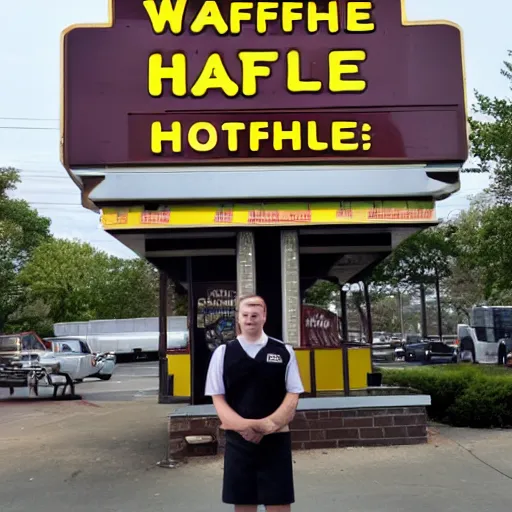 Image similar to wafflehouse employee's standing below wafflehouse sign