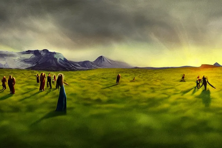 Prompt: a concert on a green icelandic field by in the style of bjork and metallica, digital painting, stylised, extreme nature 4 k