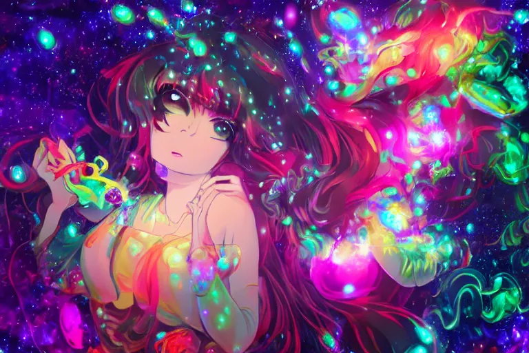 Image similar to psychedelic, full body, whimsical, anime, 4k, beautiful intimate woman blowing smoke, with professional makeup, long trippy hair, a crystal and flower dress, sitting in a reflective pool, surrounded by gems, underneath the stars, rainbow fireflies, trending on patreon, deviantart, twitter, artstation, volumetric lighting, heavy contrast, art style of Ross Tran and Viktoria Gavrilenko and Ilya Kuvshinov