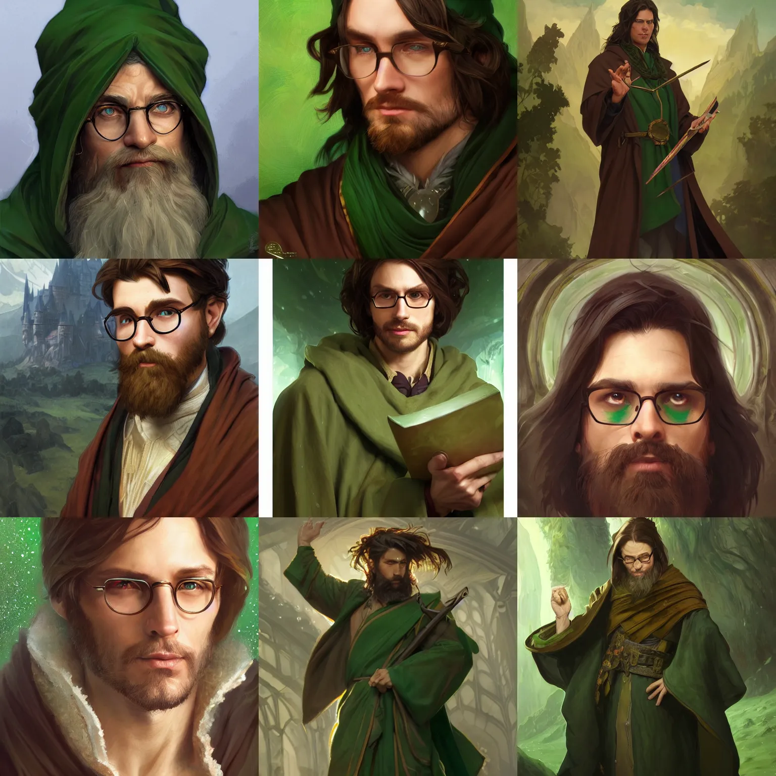 Prompt: male wizard, brown hair, green robes, glasses, D&D, painted fantasy character portrait, highly detailed, digital painting, artstation, concept art, sharp focus, illustration, art by artgerm and greg rutkowski and alphonse mucha