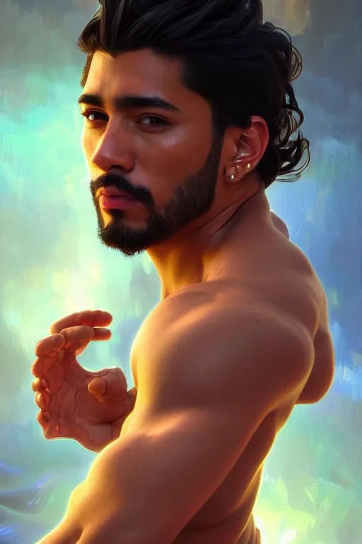 Image similar to clear portrait of a latino attractive men, cottagecore!!, background hyper detailed, character concept, full body, dynamic pose, glowing lights!! intricate, elegant, highly detailed, digital painting, artstation, concept art, smooth, sharp focus, illustration, art by artgerm and greg rutkowski and alphonse mucha