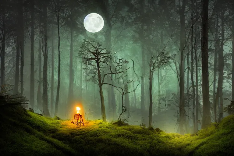 Image similar to a burning human skeleton sitting in foggy forest behind computer at moonlight night, overgrown with moss, light, dark atmosphere, dark fantasy, highly detailed