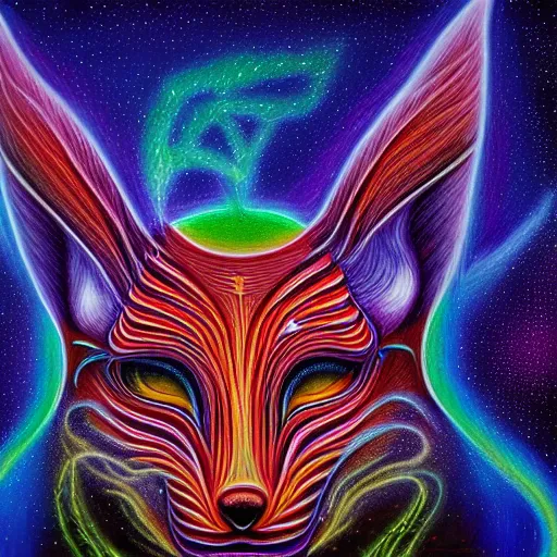 Image similar to cosmic alien lightning fox , Alex grey, realistic 4k deep color