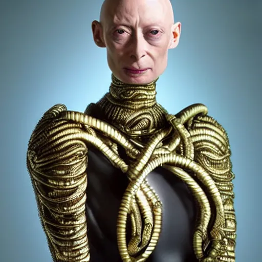 Prompt: bald hairless cenobite art deco byzantine noble played by Tilda Swinton, black smoke pouring from mouth and nose, expression of horror on her face :: rubber bodysuit with baroque silver wire filigree, by Faberge and H.R. Giger :: throne room lit by pale blue emergency lights and bright yellowish spotlights :: candid court portrait by Carvaggio and Rembrandt