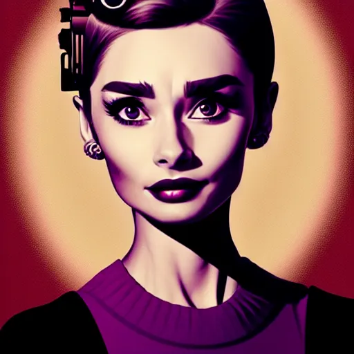 Prompt: in the style of diego fazio, artgerm, beautiful audrey hepburn, steampunk, elegant pose, middle shot, spooky, symmetrical face symmetrical eyes, three point lighting, detailed realistic eyes, short neck, purple and green top clothing, insanely detailed and intricate elegant