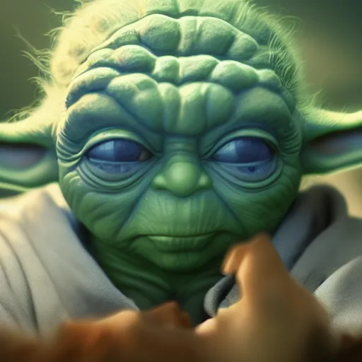 Image similar to Yoda eating blue cookies, hyperdetailed, artstation, cgsociety, 8k