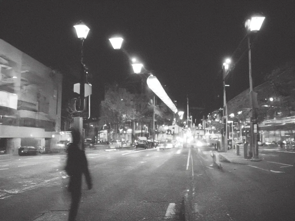 Prompt: A grainy underexposed Fujifilm 200 photograph of a vagrant levitating , vibrant tungsten streetlight colors