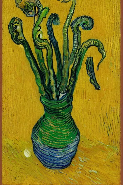 Image similar to Fiddleheads, painted by Vincent Van Gogh (1890), oil on canvas, detailed brushstrokes