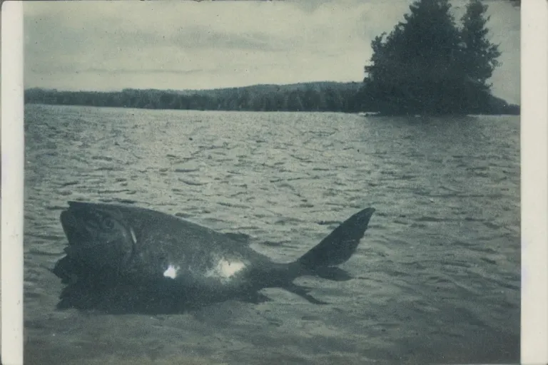 Image similar to old polaroid of a giant fish in the lake