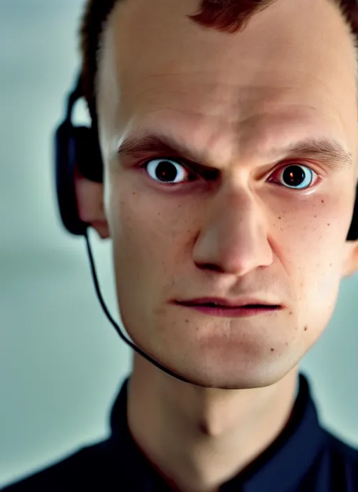 Image similar to perfect symmetric face, coherent eyes. vitalik buterin in headphones. close up, high detail, very sharp, 4 k, hayao miyazaki