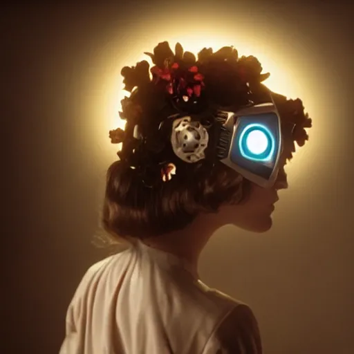 Image similar to movie still of a girl with a cyborg flowers helmet, cinematic composition, cinematic light, by edgar wright and david lynch