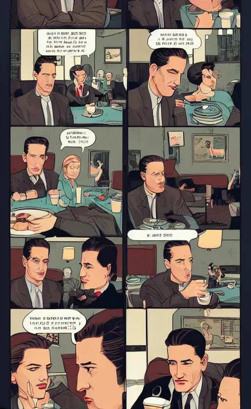 Prompt: Twin Peaks comic page of Dale Cooper feeling love and comfort with coffee & pie in the RR Diner by Tomer Hanuka