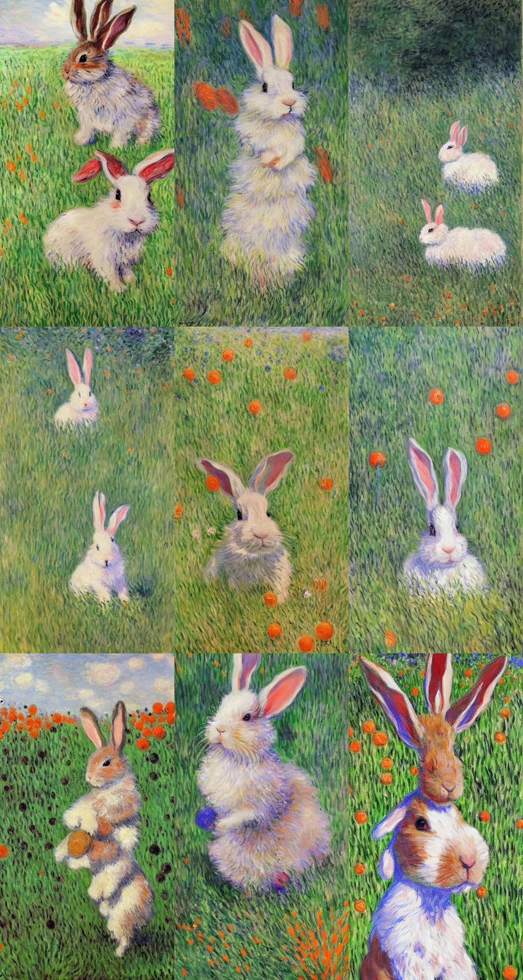 Prompt: beautiful painting by monet, bunny with floppy ears in a grassy field surrounded by carrots, white and black spots, happy, photo