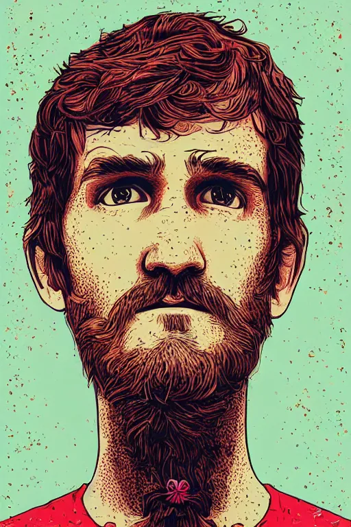 Image similar to inspirational style hope poster of bo burnham with beard, psychedelic colors, highly detailed, realistic, loving, portrait by james gurney and laurie greasley