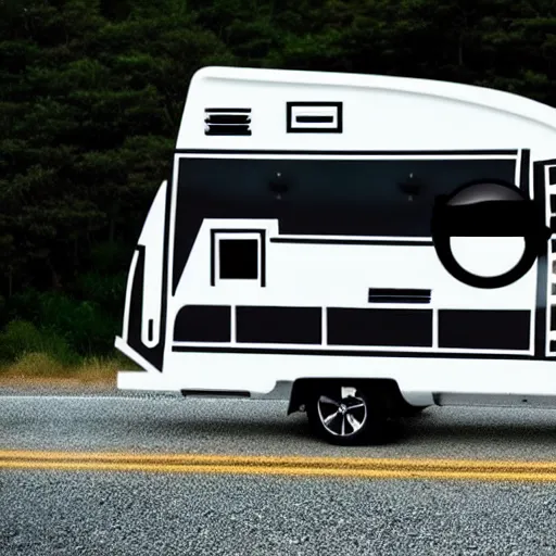 Prompt: minimal professional logo featuring a white and black cute thor chateau motorhome camper!, highway, mountains and sunset!!, happy, professional colorful simple logo