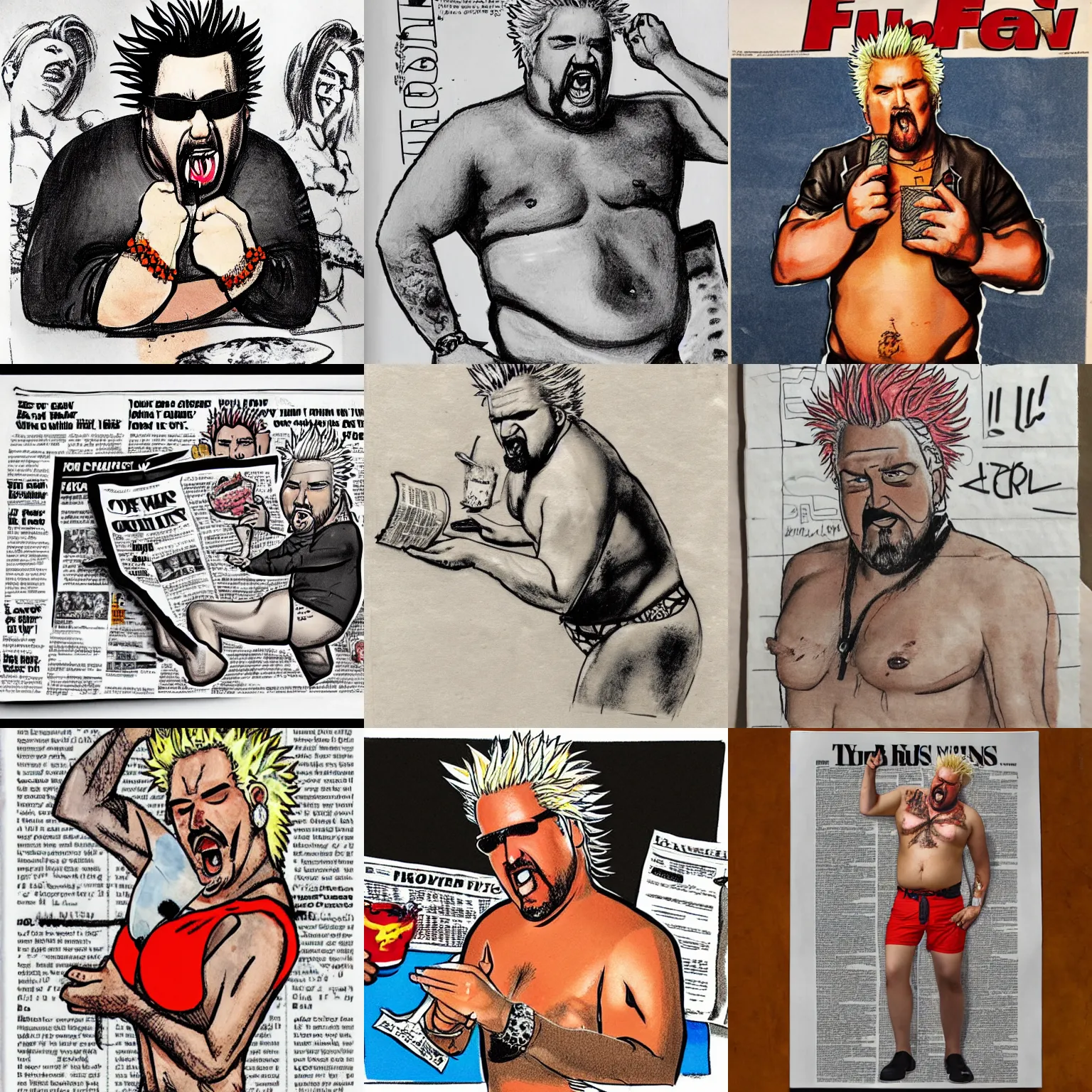 Prompt: Guy Fieri eating a bikini, newspaper sketch, dramatic, damning