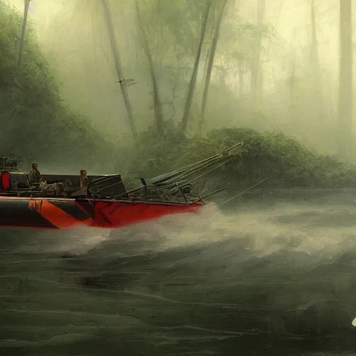 Prompt: jungle river army patrol boat tail of a crashed plane in the water, moody ambience, fog, smoke, dramatic, painting by mullins, repin, mucha, zorn, 4 k, trending on artstation