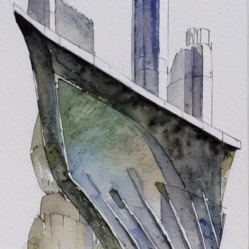 Image similar to a beautiful watercolor and ink sketch of biomorphic architecture