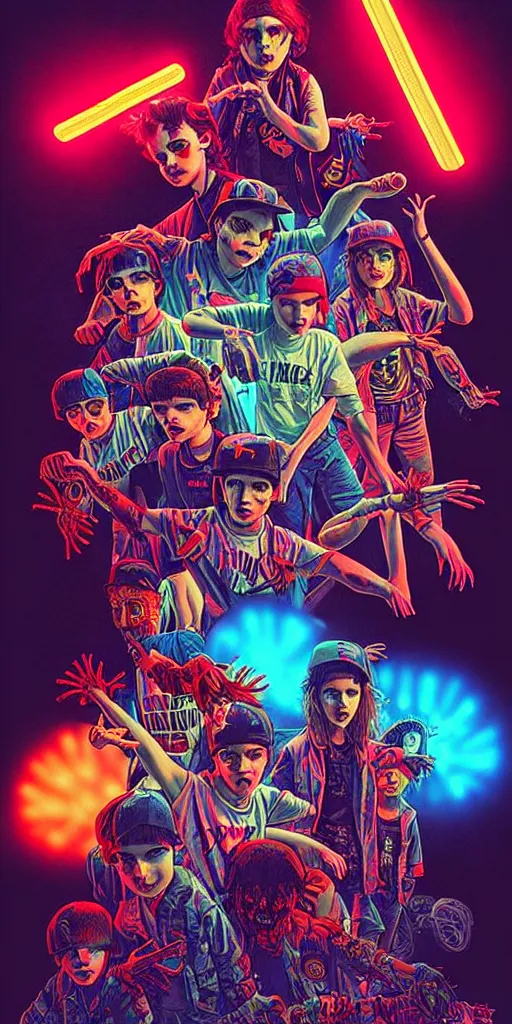 Image similar to young punk rockers fighting against zombies at the playground, by baseball bat in the retro wave stranger things style, neon colors, hyper detailed, digital art, cinematic lighting, concept art by artgerm and greg rutkowski and caravaggio and moebius and jakub rebelka, 8 k