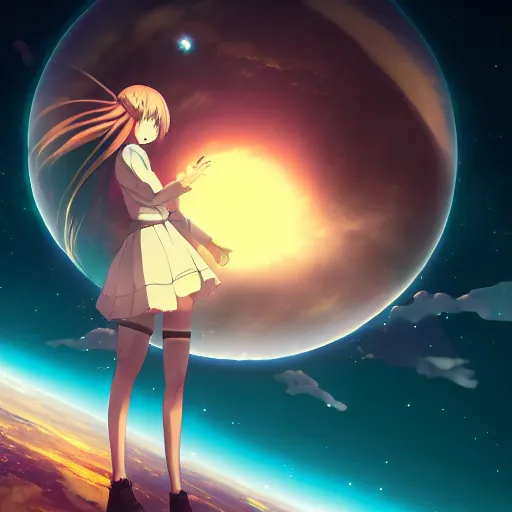 Prompt: An anime girl floating in space holding and terraforming a planet on her hands, wide-shot, high detail, 4k, digital art, artstation, 8k, very detailed