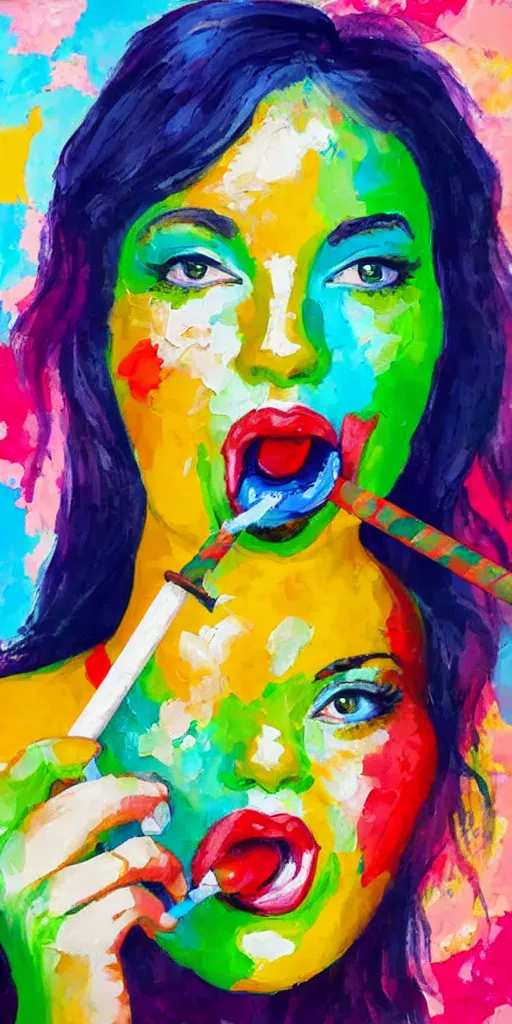 Image similar to portrait of beautiful woman licking a lollipop painted with colorful gouache impasto