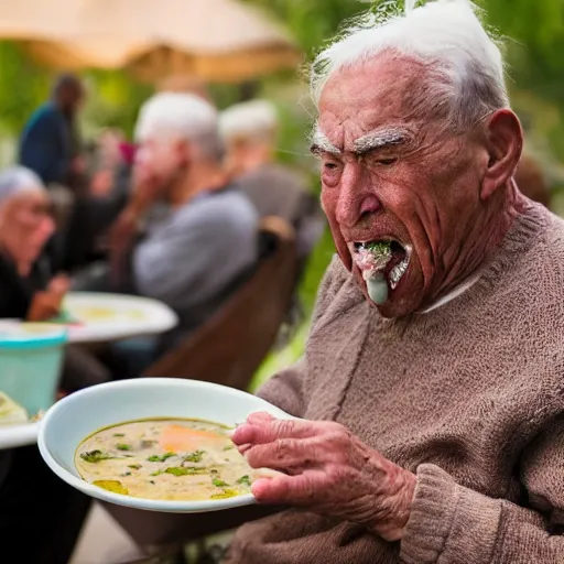 Image similar to a large crowd watching an elderly man eat soup, bold natural colors, national geographic photography, masterpiece, 8 k, raw, unedited, symmetrical balance