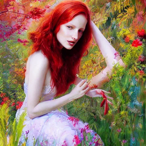 Prompt: a beautiful red haired woman in a garden, beautiful painting by irakli nadar and magali villanueve