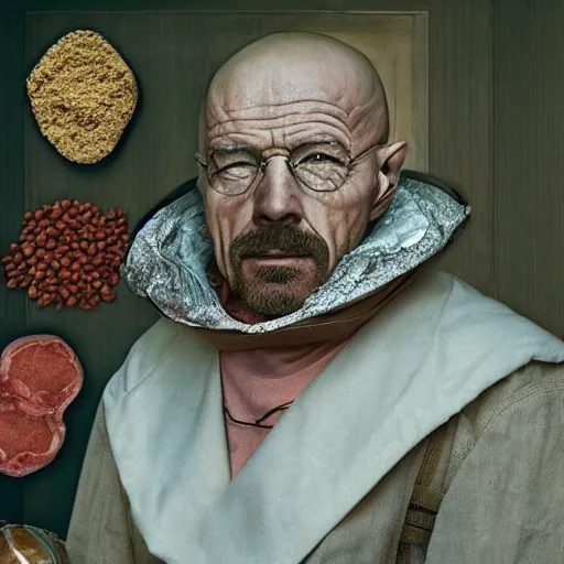 Image similar to giuseppe arcimboldo, walter white, new scifi movie, film still, seeds, legumes